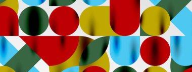 Mozaik geometrik elementler. Renkli daireler, yuvarlak geometrik şekiller ve gölgeli üç boyutlu çizgiler. Duvar kağıdı, pankart, şablon veya iniş için basit biçimler