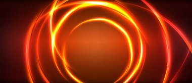 Neon parlayan daire ışınları, karanlıkta ışık saçan yuvarlak çizgiler, gezegen tarzı neon dalga çizgileri. Duvar kağıdı, afiş, arkaplan için enerji yüklü elektrik konsept tasarımı