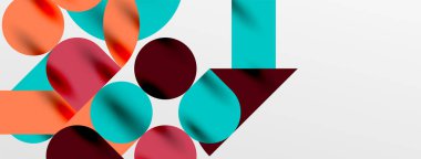 Mozaik geometrik elementler. Renkli daireler, yuvarlak geometrik şekiller ve gölgeli üç boyutlu çizgiler. Duvar kağıdı, pankart, şablon veya iniş için basit biçimler