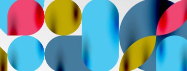 Mozaik geometrik elementler. Renkli daireler, yuvarlak geometrik şekiller ve gölgeli üç boyutlu çizgiler. Duvar kağıdı, pankart, şablon veya iniş için basit biçimler