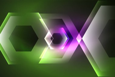 Arrow altıgen neon ışığı arka planı parlatır. Duvar kağıdı, bayrak, arkaplan, kart, kitap illüstrasyonu için vektör illüstrasyonu, iniş sayfası