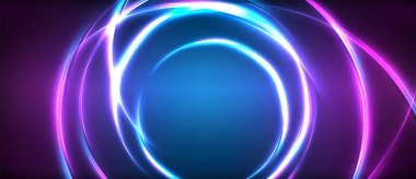 Neon parlayan daire ışınları, karanlıkta ışık saçan yuvarlak çizgiler, gezegen tarzı neon dalga çizgileri. Duvar kağıdı, afiş, arkaplan için enerji yüklü elektrik konsept tasarımı