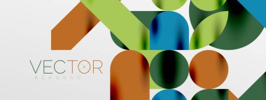 Mozaik geometrik elementler. Renkli daireler, yuvarlak geometrik şekiller ve gölgeli üç boyutlu çizgiler. Duvar kağıdı, pankart, şablon veya iniş için basit biçimler