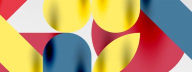 Mozaik geometrik elementler. Renkli daireler, yuvarlak geometrik şekiller ve gölgeli üç boyutlu çizgiler. Duvar kağıdı, pankart, şablon veya iniş için basit biçimler