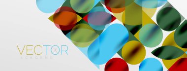 Mozaik geometrik elementler. Renkli daireler, yuvarlak geometrik şekiller ve gölgeli üç boyutlu çizgiler. Duvar kağıdı, pankart, şablon veya iniş için basit biçimler