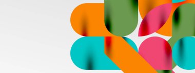 Mozaik geometrik elementler. Renkli daireler, yuvarlak geometrik şekiller ve gölgeli üç boyutlu çizgiler. Duvar kağıdı, pankart, şablon veya iniş için basit biçimler