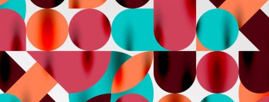 Mozaik geometrik elementler. Renkli daireler, yuvarlak geometrik şekiller ve gölgeli üç boyutlu çizgiler. Duvar kağıdı, pankart, şablon veya iniş için basit biçimler
