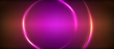 Neon parlayan daire ışınları, karanlıkta ışık saçan yuvarlak çizgiler, gezegen tarzı neon dalga çizgileri. Duvar kağıdı, afiş, arkaplan için enerji yüklü elektrik konsept tasarımı