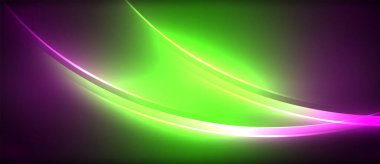 Neon parlayan daire ışınları, karanlıkta ışık saçan yuvarlak çizgiler, gezegen tarzı neon dalga çizgileri. Duvar kağıdı, afiş, arkaplan için enerji yüklü elektrik konsept tasarımı