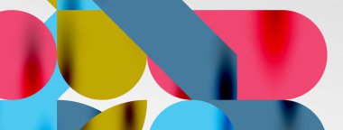 Mozaik geometrik elementler. Renkli daireler, yuvarlak geometrik şekiller ve gölgeli üç boyutlu çizgiler. Duvar kağıdı, pankart, şablon veya iniş için basit biçimler