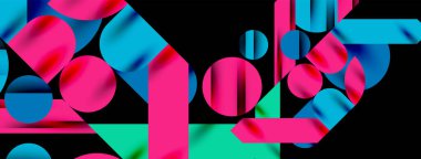 Renkli basit dinamik geometrik şekiller daire çizgileri ve yuvarlak şekiller oluşturur. Mozaik tekno sanat konsepti. Duvar Kağıdı, Sancak, Arkaplan, Kart, Kitap İllüstrasyonu, İniş Sayfası