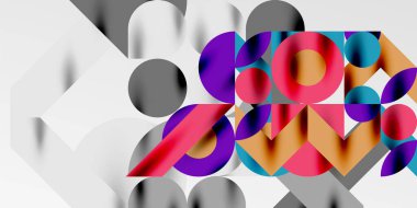 Renkli basit dinamik geometrik şekiller daire çizgileri ve yuvarlak şekiller oluşturur. Mozaik tekno sanat konsepti. Duvar Kağıdı, Sancak, Arkaplan, Kart, Kitap İllüstrasyonu, İniş Sayfası