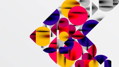 Renkli güzel daireler, yarı daireler, kareler ve yuvarlak üçgenler. Duvar kağıdı, afiş, arkaplan, kart, kitap illüstrasyonu, iniş sayfası için geometrik mozaik mozaik desen soyut arkaplan