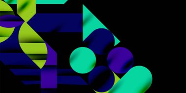 Renkli basit dinamik geometrik şekiller daire çizgileri ve yuvarlak şekiller oluşturur. Mozaik tekno sanat konsepti. Duvar Kağıdı, Sancak, Arkaplan, Kart, Kitap İllüstrasyonu, İniş Sayfası