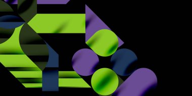 Renkli basit dinamik geometrik şekiller daire çizgileri ve yuvarlak şekiller oluşturur. Mozaik tekno sanat konsepti. Duvar Kağıdı, Sancak, Arkaplan, Kart, Kitap İllüstrasyonu, İniş Sayfası