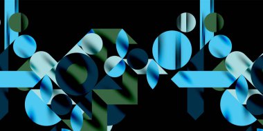 Renkli basit dinamik geometrik şekiller daire çizgileri ve yuvarlak şekiller oluşturur. Mozaik tekno sanat konsepti. Duvar Kağıdı, Sancak, Arkaplan, Kart, Kitap İllüstrasyonu, İniş Sayfası