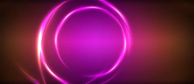 Neon parlayan daire ışınları, karanlıkta ışık saçan yuvarlak çizgiler, gezegen tarzı neon dalga çizgileri. Duvar kağıdı, afiş, arkaplan için enerji yüklü elektrik konsept tasarımı