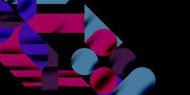 Renkli basit dinamik geometrik şekiller daire çizgileri ve yuvarlak şekiller oluşturur. Mozaik tekno sanat konsepti. Duvar Kağıdı, Sancak, Arkaplan, Kart, Kitap İllüstrasyonu, İniş Sayfası