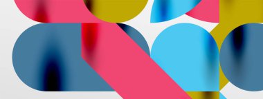 Mozaik geometrik elementler. Renkli daireler, yuvarlak geometrik şekiller ve gölgeli üç boyutlu çizgiler. Duvar kağıdı, pankart, şablon veya iniş için basit biçimler