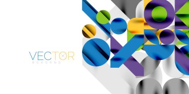 Renkli basit dinamik geometrik şekiller daire çizgileri ve yuvarlak şekiller oluşturur. Mozaik tekno sanat konsepti. Duvar Kağıdı, Sancak, Arkaplan, Kart, Kitap İllüstrasyonu, İniş Sayfası