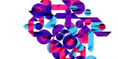 Renkli basit dinamik geometrik şekiller daire çizgileri ve yuvarlak şekiller oluşturur. Mozaik tekno sanat konsepti. Duvar Kağıdı, Sancak, Arkaplan, Kart, Kitap İllüstrasyonu, İniş Sayfası