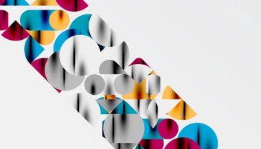Renkli güzel daireler, yarı daireler, kareler ve yuvarlak üçgenler. Duvar kağıdı, afiş, arkaplan, kart, kitap illüstrasyonu, iniş sayfası için geometrik mozaik mozaik desen soyut arkaplan