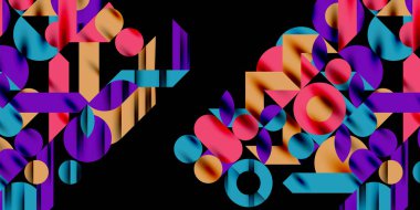 Renkli basit dinamik geometrik şekiller daire çizgileri ve yuvarlak şekiller oluşturur. Mozaik tekno sanat konsepti. Duvar Kağıdı, Sancak, Arkaplan, Kart, Kitap İllüstrasyonu, İniş Sayfası