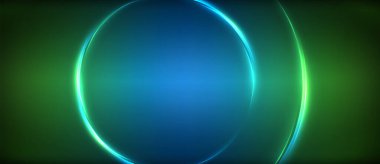 Neon parlayan daire ışınları, karanlıkta ışık saçan yuvarlak çizgiler, gezegen tarzı neon dalga çizgileri. Duvar kağıdı, afiş, arkaplan için enerji yüklü elektrik konsept tasarımı