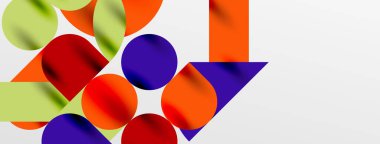 Mozaik geometrik elementler. Renkli daireler, yuvarlak geometrik şekiller ve gölgeli üç boyutlu çizgiler. Duvar kağıdı, pankart, şablon veya iniş için basit biçimler