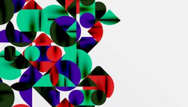 Renkli güzel daireler, yarı daireler, kareler ve yuvarlak üçgenler. Duvar kağıdı, afiş, arkaplan, kart, kitap illüstrasyonu, iniş sayfası için geometrik mozaik mozaik desen soyut arkaplan