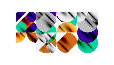 Renkli güzel daireler, yarı daireler, kareler ve yuvarlak üçgenler. Duvar kağıdı, afiş, arkaplan, kart, kitap illüstrasyonu, iniş sayfası için geometrik mozaik mozaik desen soyut arkaplan