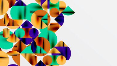 Renkli güzel daireler, yarı daireler, kareler ve yuvarlak üçgenler. Duvar kağıdı, afiş, arkaplan, kart, kitap illüstrasyonu, iniş sayfası için geometrik mozaik mozaik desen soyut arkaplan