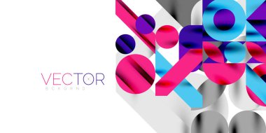 Renkli basit dinamik geometrik şekiller daire çizgileri ve yuvarlak şekiller oluşturur. Mozaik tekno sanat konsepti. Duvar Kağıdı, Sancak, Arkaplan, Kart, Kitap İllüstrasyonu, İniş Sayfası