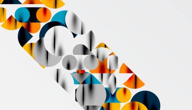 Renkli güzel daireler, yarı daireler, kareler ve yuvarlak üçgenler. Duvar kağıdı, afiş, arkaplan, kart, kitap illüstrasyonu, iniş sayfası için geometrik mozaik mozaik desen soyut arkaplan
