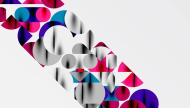 Renkli güzel daireler, yarı daireler, kareler ve yuvarlak üçgenler. Duvar kağıdı, afiş, arkaplan, kart, kitap illüstrasyonu, iniş sayfası için geometrik mozaik mozaik desen soyut arkaplan