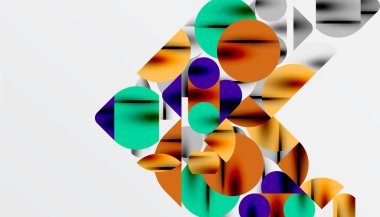 Renkli güzel daireler, yarı daireler, kareler ve yuvarlak üçgenler. Duvar kağıdı, afiş, arkaplan, kart, kitap illüstrasyonu, iniş sayfası için geometrik mozaik mozaik desen soyut arkaplan