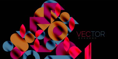 Renkli basit dinamik geometrik şekiller daire çizgileri ve yuvarlak şekiller oluşturur. Mozaik tekno sanat konsepti. Duvar Kağıdı, Sancak, Arkaplan, Kart, Kitap İllüstrasyonu, İniş Sayfası