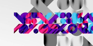 Renkli basit dinamik geometrik şekiller daire çizgileri ve yuvarlak şekiller oluşturur. Mozaik tekno sanat konsepti. Duvar Kağıdı, Sancak, Arkaplan, Kart, Kitap İllüstrasyonu, İniş Sayfası