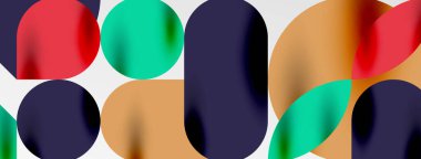 Mozaik geometrik elementler. Renkli daireler, yuvarlak geometrik şekiller ve gölgeli üç boyutlu çizgiler. Duvar kağıdı, pankart, şablon veya iniş için basit biçimler