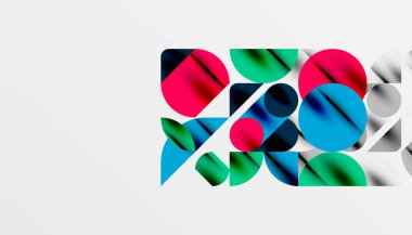 Renkli güzel daireler, yarı daireler, kareler ve yuvarlak üçgenler. Duvar kağıdı, afiş, arkaplan, kart, kitap illüstrasyonu, iniş sayfası için geometrik mozaik mozaik desen soyut arkaplan