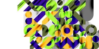 Renkli basit dinamik geometrik şekiller daire çizgileri ve yuvarlak şekiller oluşturur. Mozaik tekno sanat konsepti. Duvar Kağıdı, Sancak, Arkaplan, Kart, Kitap İllüstrasyonu, İniş Sayfası