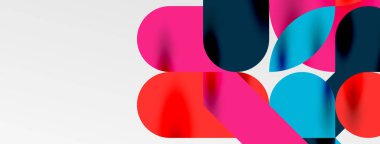 Mozaik geometrik elementler. Renkli daireler, yuvarlak geometrik şekiller ve gölgeli üç boyutlu çizgiler. Duvar kağıdı, pankart, şablon veya iniş için basit biçimler