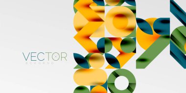 Renkli basit dinamik geometrik şekiller daire çizgileri ve yuvarlak şekiller oluşturur. Mozaik tekno sanat konsepti. Duvar Kağıdı, Sancak, Arkaplan, Kart, Kitap İllüstrasyonu, İniş Sayfası