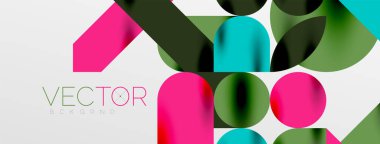 Mozaik geometrik elementler. Renkli daireler, yuvarlak geometrik şekiller ve gölgeli üç boyutlu çizgiler. Duvar kağıdı, pankart, şablon veya iniş için basit biçimler