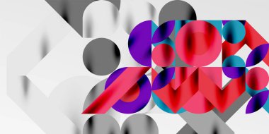 Renkli basit dinamik geometrik şekiller daire çizgileri ve yuvarlak şekiller oluşturur. Mozaik tekno sanat konsepti. Duvar Kağıdı, Sancak, Arkaplan, Kart, Kitap İllüstrasyonu, İniş Sayfası