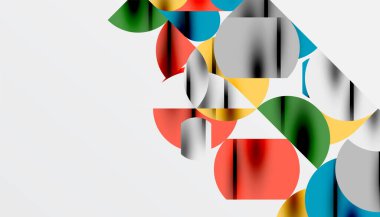 Renkli güzel daireler, yarı daireler, kareler ve yuvarlak üçgenler. Duvar kağıdı, afiş, arkaplan, kart, kitap illüstrasyonu, iniş sayfası için geometrik mozaik mozaik desen soyut arkaplan