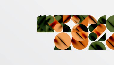 Renkli güzel daireler, yarı daireler, kareler ve yuvarlak üçgenler. Duvar kağıdı, afiş, arkaplan, kart, kitap illüstrasyonu, iniş sayfası için geometrik mozaik mozaik desen soyut arkaplan