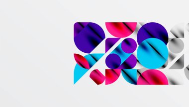 Renkli güzel daireler, yarı daireler, kareler ve yuvarlak üçgenler. Duvar kağıdı, afiş, arkaplan, kart, kitap illüstrasyonu, iniş sayfası için geometrik mozaik mozaik desen soyut arkaplan