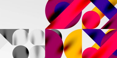 Renkli basit dinamik geometrik şekiller daire çizgileri ve yuvarlak şekiller oluşturur. Mozaik tekno sanat konsepti. Duvar Kağıdı, Sancak, Arkaplan, Kart, Kitap İllüstrasyonu, İniş Sayfası