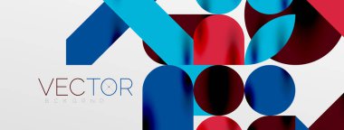 Mozaik geometrik elementler. Renkli daireler, yuvarlak geometrik şekiller ve gölgeli üç boyutlu çizgiler. Duvar kağıdı, pankart, şablon veya iniş için basit biçimler